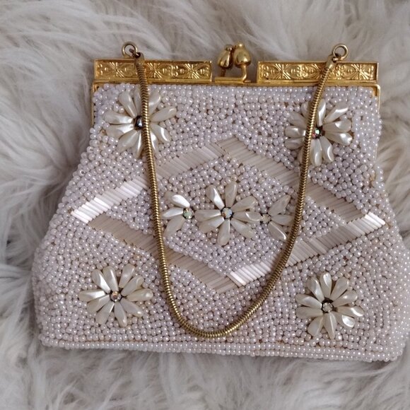Handbags - Vintage White Beaded Floral Evening Purse Gold Frame Handheld Clutch